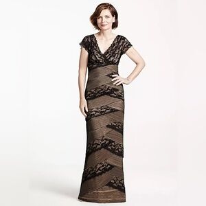 MARINA Long Beaded Stretch Lace Dress with Cap Sleeves SIZE 16